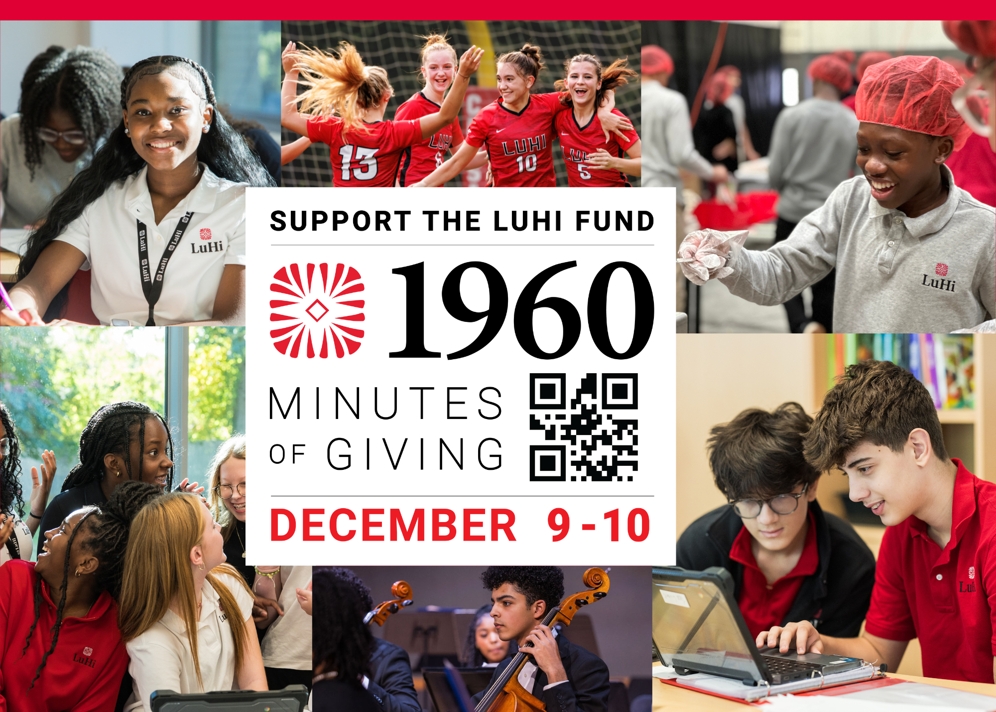 collage of students in different environments studying, cheering, playing instruments